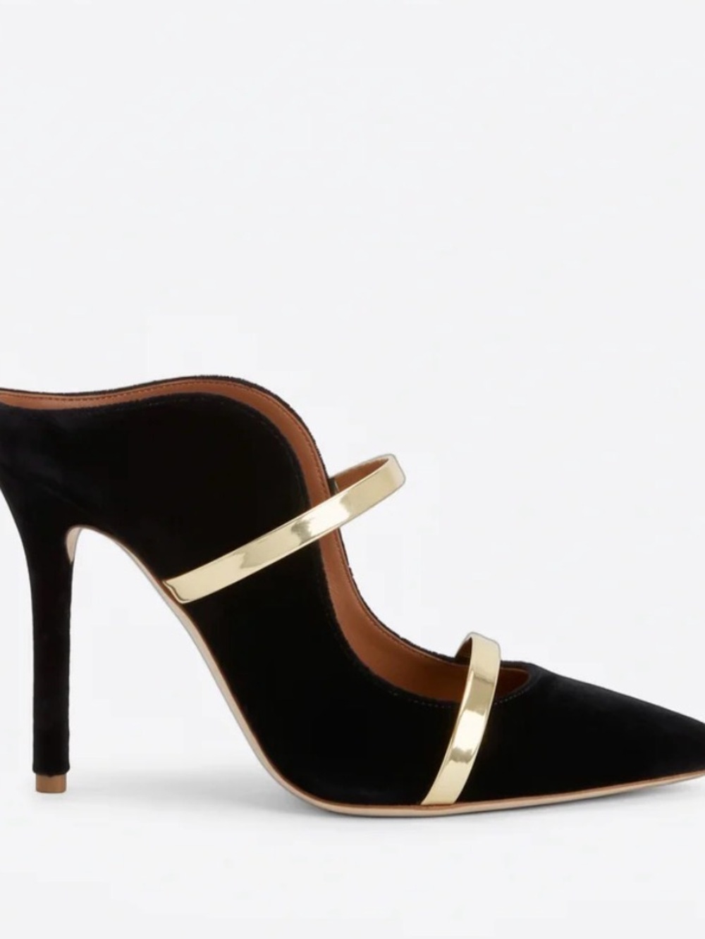 Malone Souliers Maureen black velvetPointed-Toe High Heel Mules with Gold Straps
